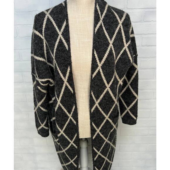 La vie 89 Open Grey and Cream Diamond Oversized Sweater Coat -sz S/M - Picture 2 of 6